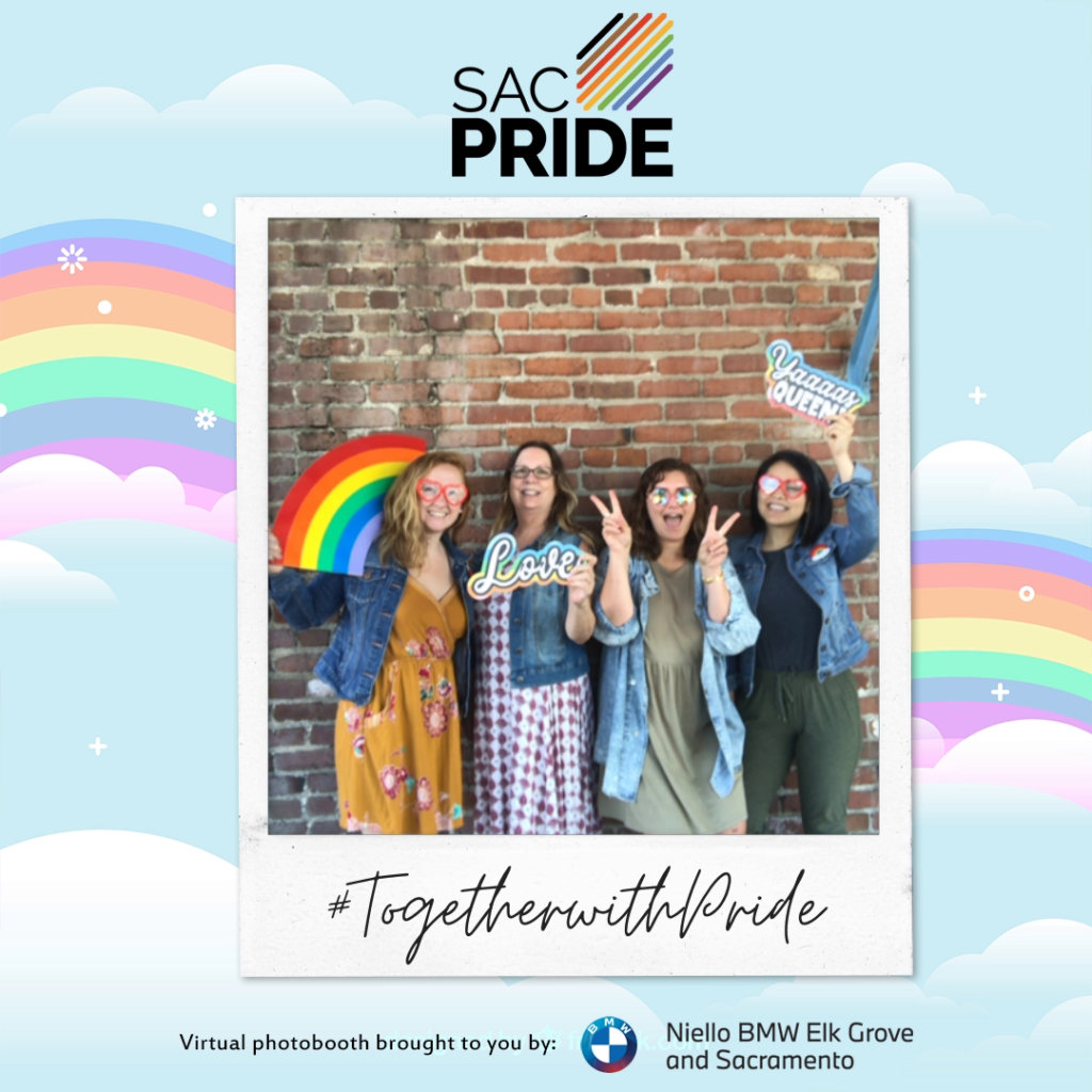 four women smile and pose in a virtual photobooth for Sacramento pride