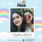 two women smile together in virtual photobooth for sacramento pride online fundraiser
