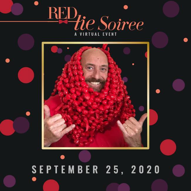 man with red scarf smiles in virtual photobooth for national hemophilia foundation online fundraiser