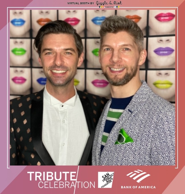 two men smile in virtual photobooth for san francisco aids foundation online fundraiser